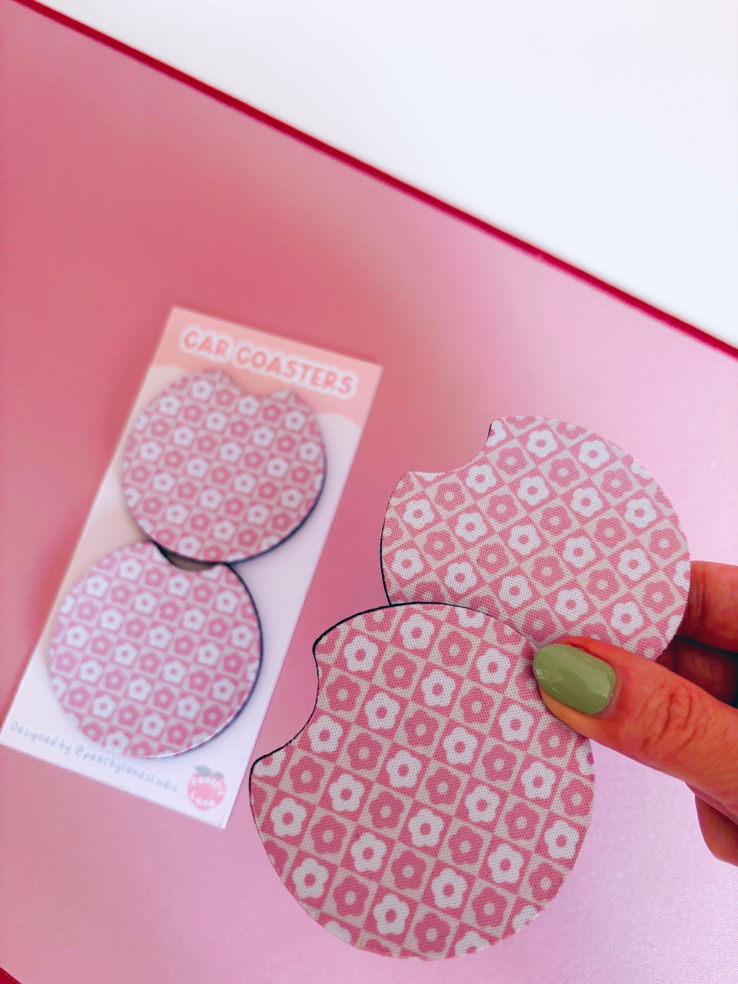 Retro Pink Flowers Car Coasters - Set of Two