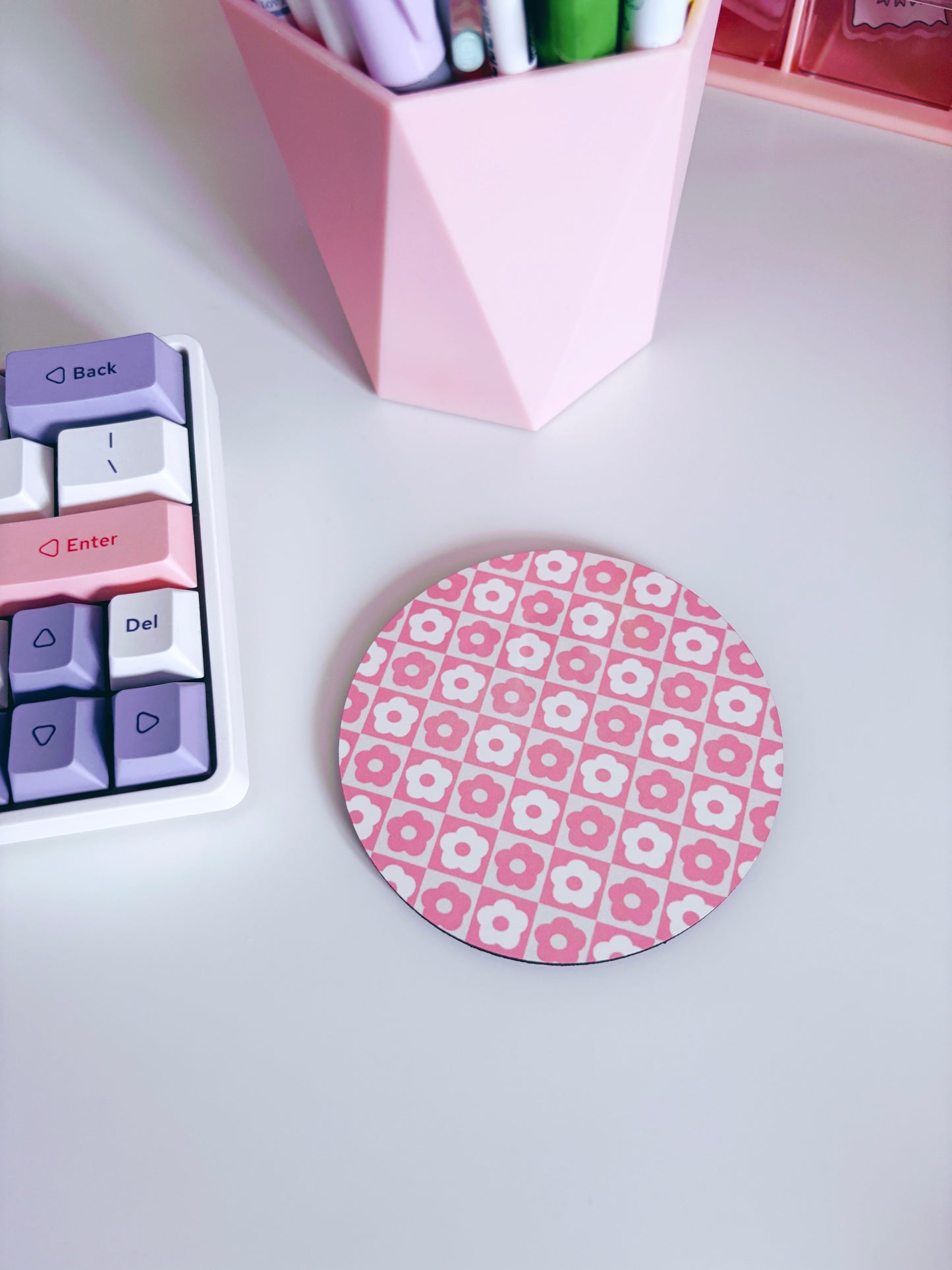 Retro Pink Flowers Circle Coaster