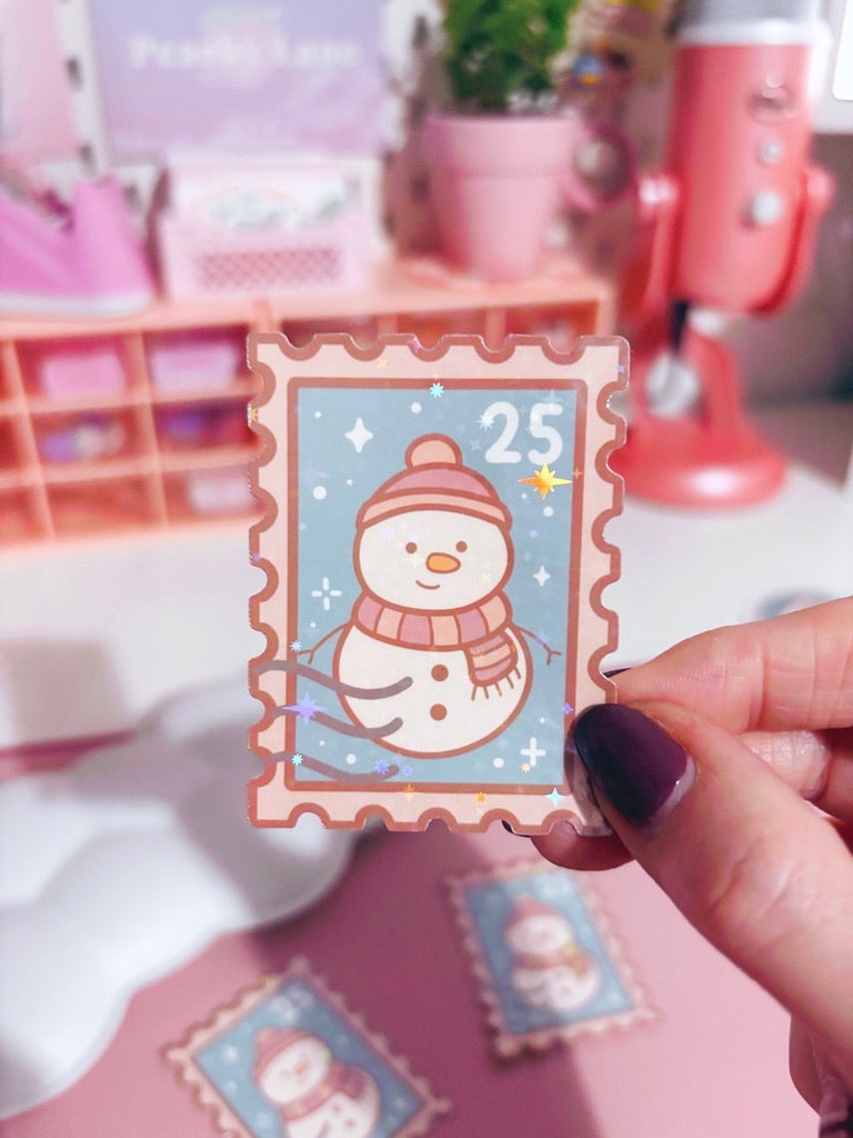 Snowman Festive Stamp Vinyl Sticker with Holographic Stars Laminate