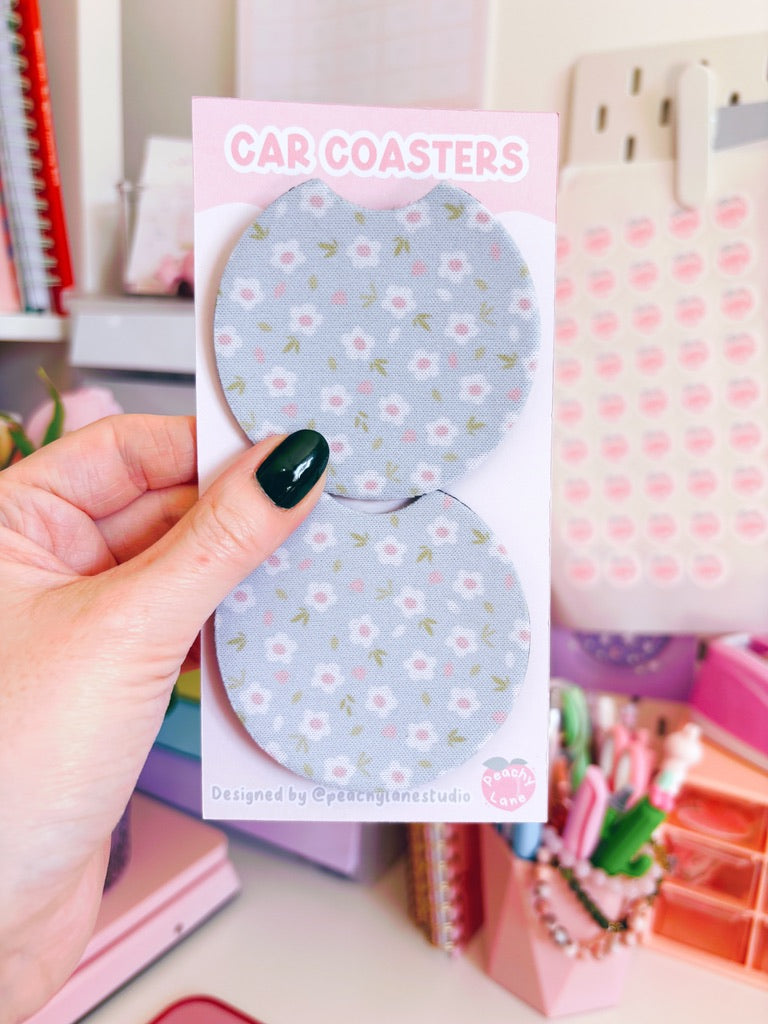 Blue Floral Car Coasters - Set of Two