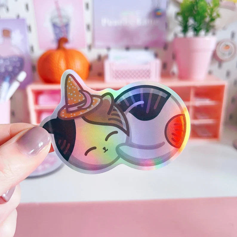 Holographic Sleepy Witch Cat Vinyl Sticker