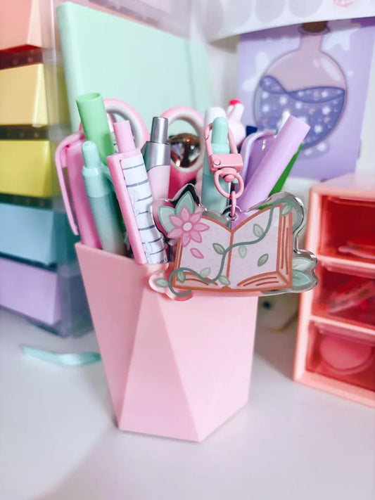 Floral Open Book Glitter Acrylic Keychain