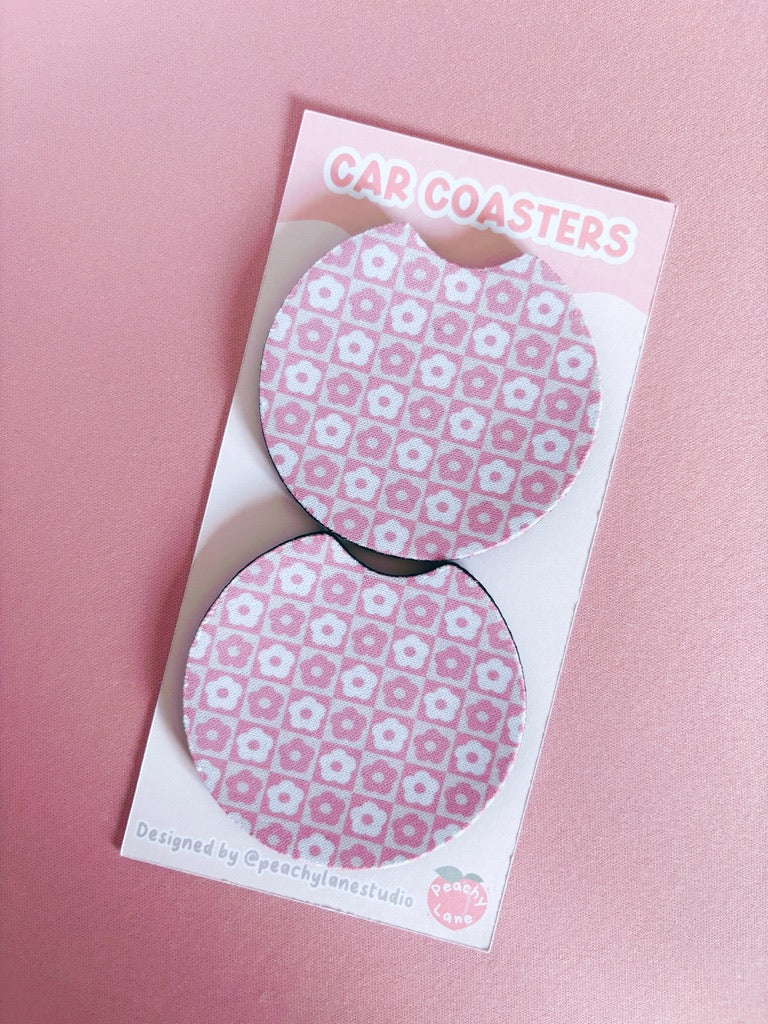 Retro Pink Flowers Car Coasters - Set of Two