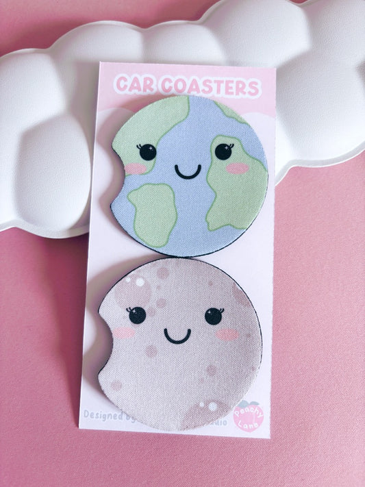 Kawaii Earth and Moon Car Coasters - Set of Two
