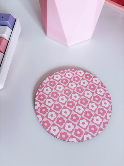 Retro Pink Flowers Circle Coaster