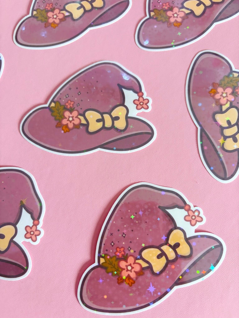 Floral Witch Hat Holographic Stars Vinyl Sticker