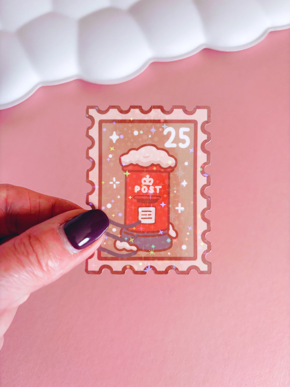 Postbox Festive Stamp Vinyl Sticker with Holographic Stars Laminate