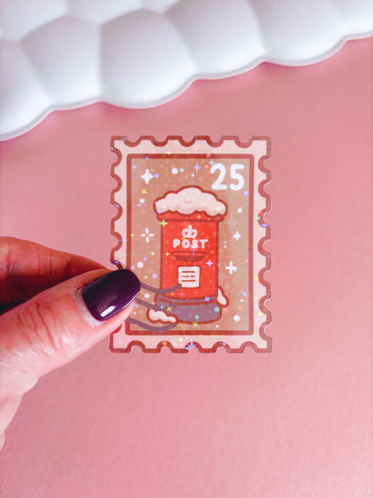 Postbox Festive Stamp Vinyl Sticker with Holographic Stars Laminate