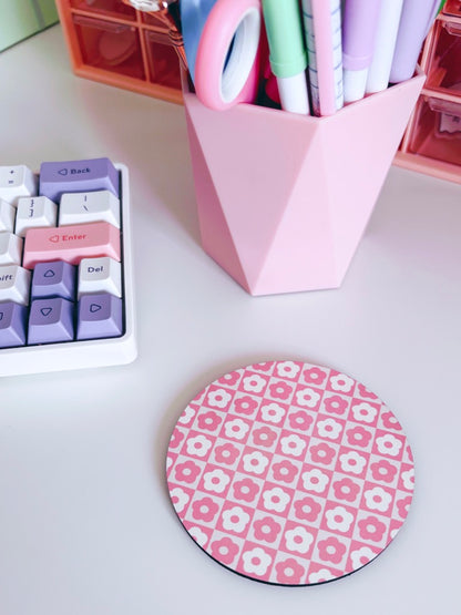 Retro Pink Flowers Circle Coaster