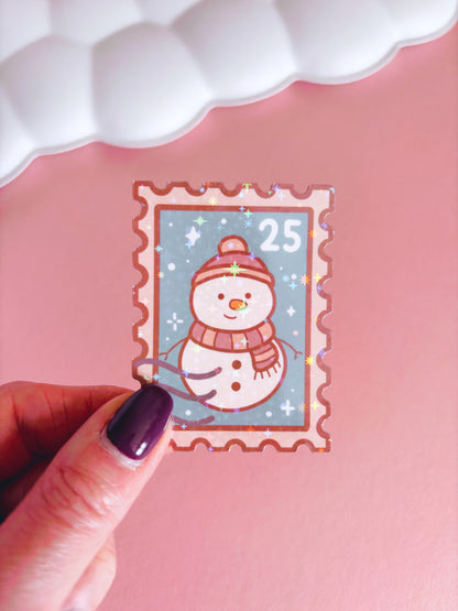 Snowman Festive Stamp Vinyl Sticker with Holographic Stars Laminate