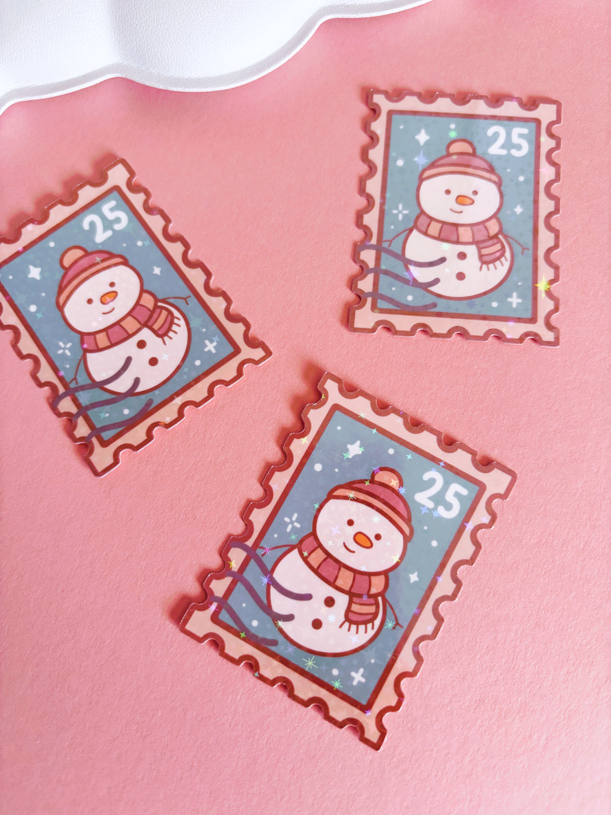 Snowman Festive Stamp Vinyl Sticker with Holographic Stars Laminate