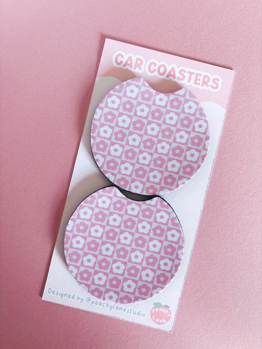 Retro Pink Flowers Car Coasters - Set of Two