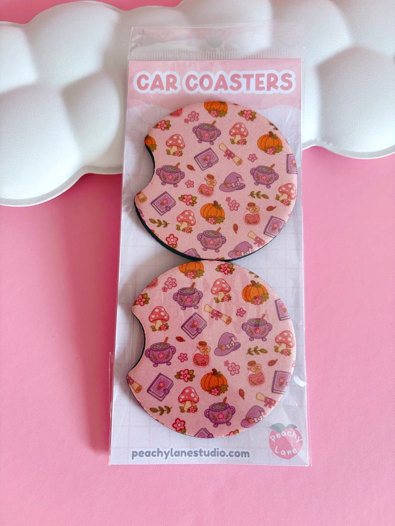 Autumn Witch Pattern Car Coasters - Set of Two