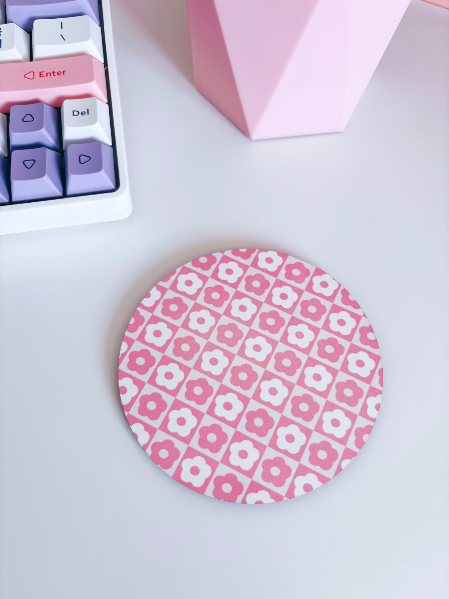 Retro Pink Flowers Circle Coaster