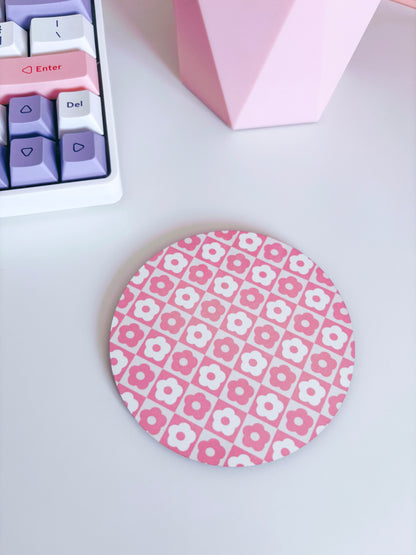 Retro Pink Flowers Circle Coaster
