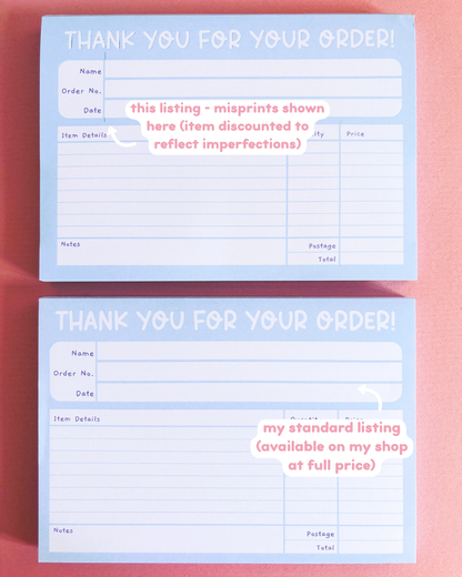 SECONDS SALE Blue Small Business Invoice Notepad A6