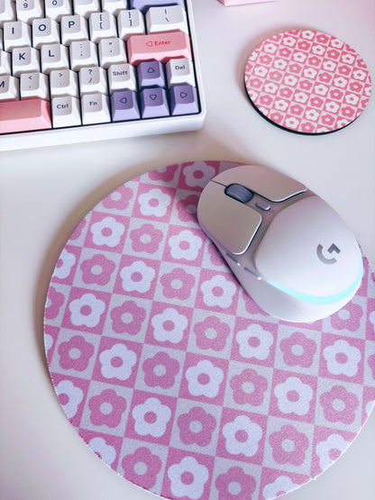 Retro Pink Flowers Mouse Mat