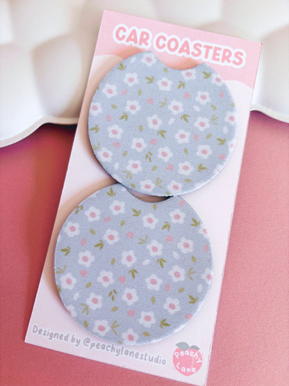 Blue Floral Car Coasters - Set of Two