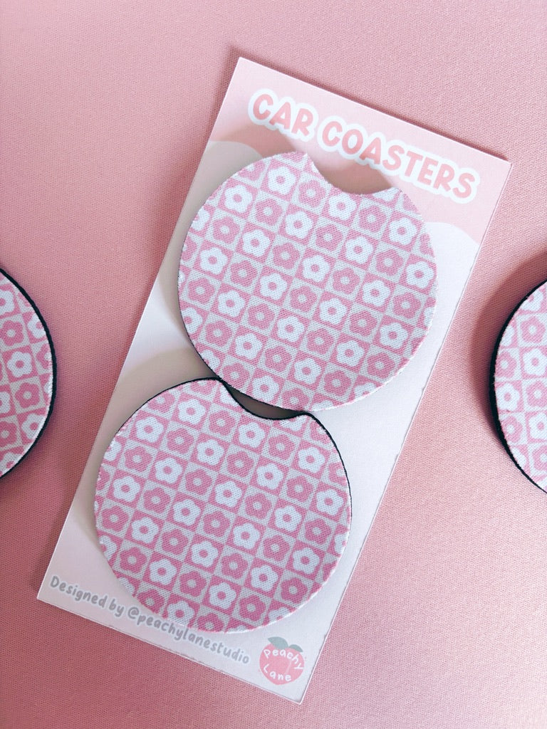 Retro Pink Flowers Car Coasters - Set of Two