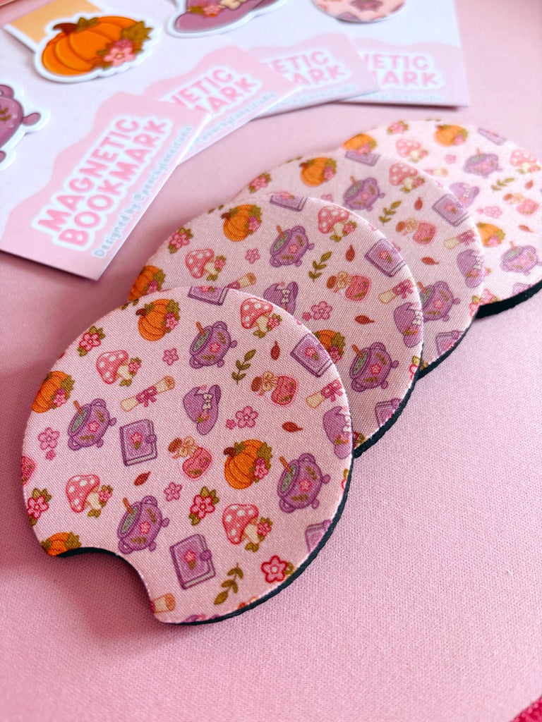 Autumn Witch Pattern Car Coasters - Set of Two