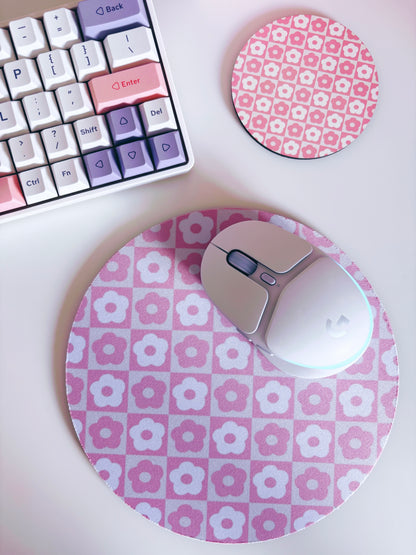 Retro Pink Flowers Mouse Mat