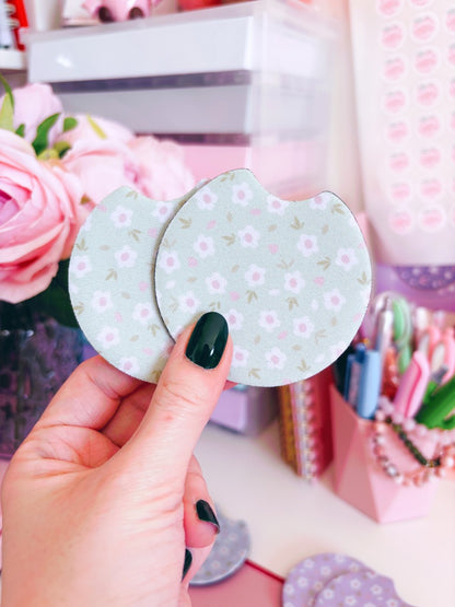 Green Floral Car Coasters - Set of Two