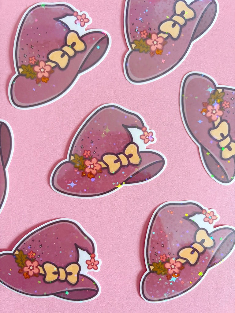 Floral Witch Hat Holographic Stars Vinyl Sticker