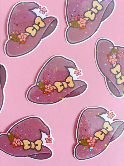 Floral Witch Hat Holographic Stars Vinyl Sticker
