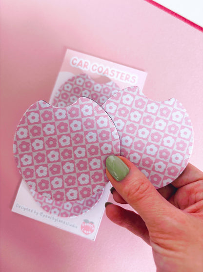 Retro Pink Flowers Car Coasters - Set of Two