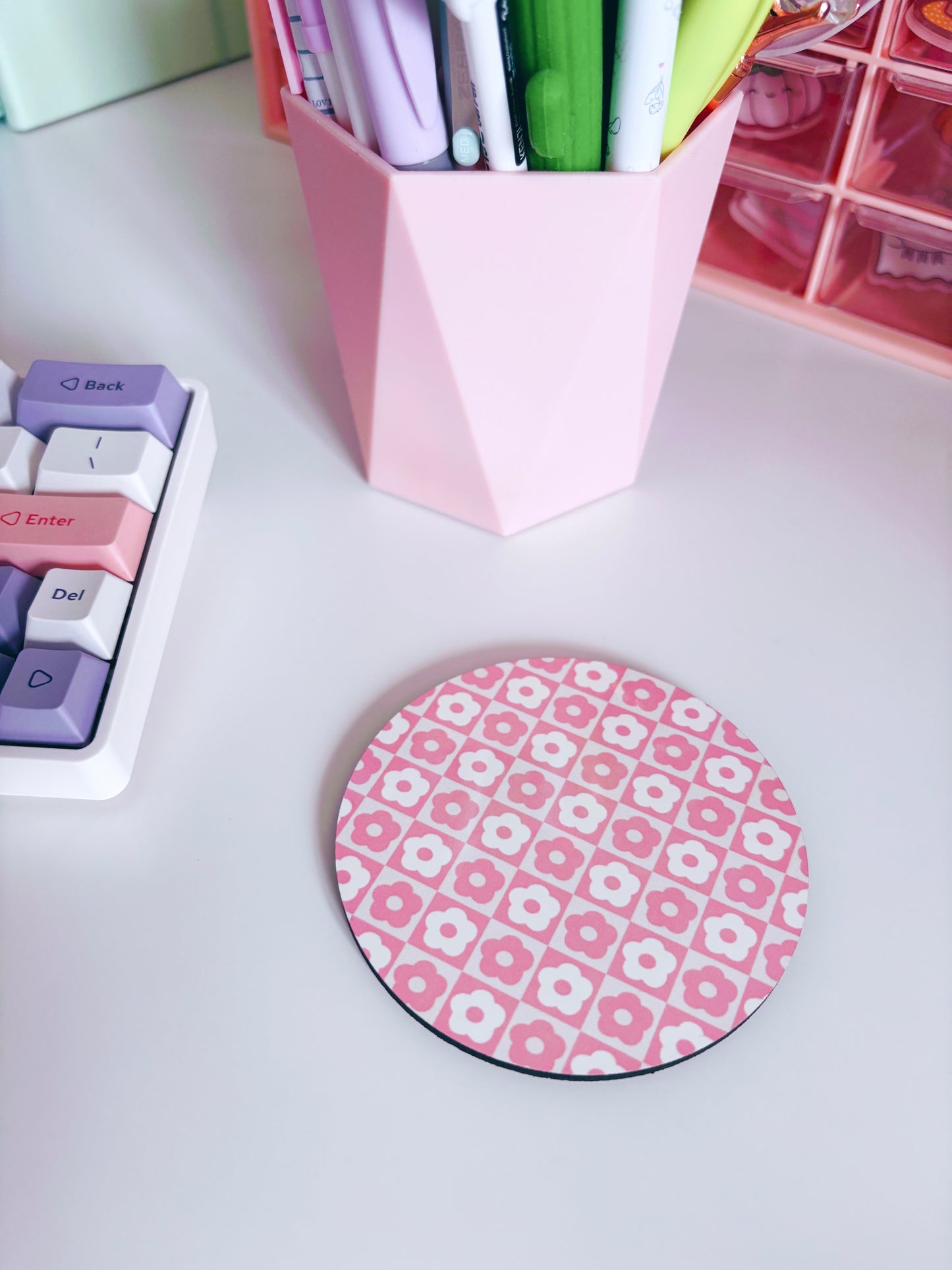 Retro Pink Flowers Circle Coaster