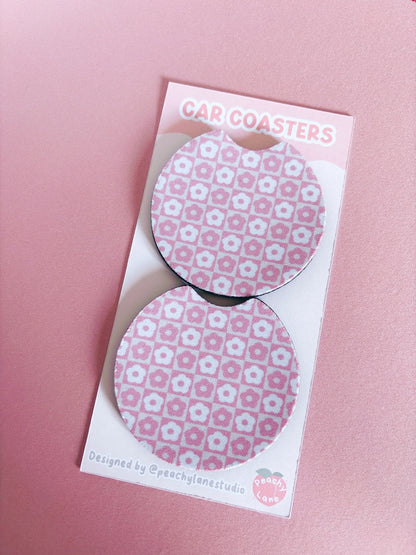 Retro Pink Flowers Car Coasters - Set of Two
