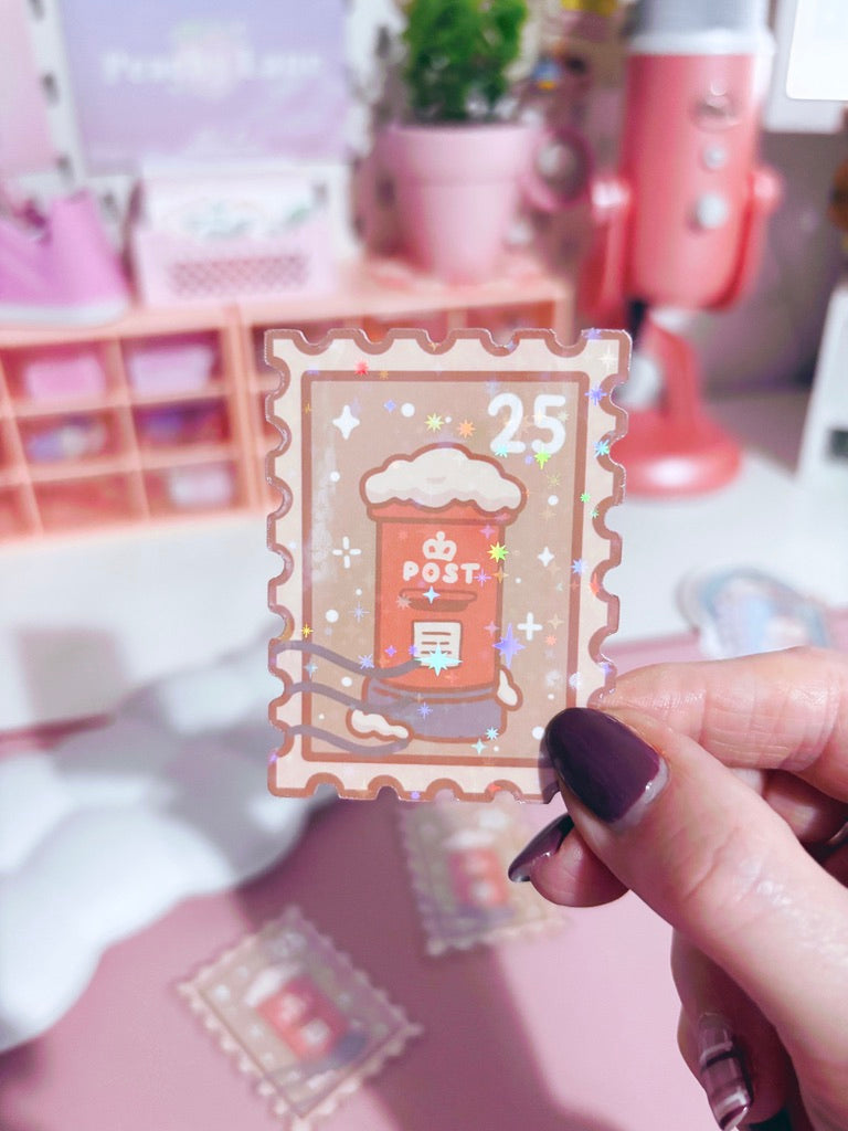 Postbox Festive Stamp Vinyl Sticker with Holographic Stars Laminate