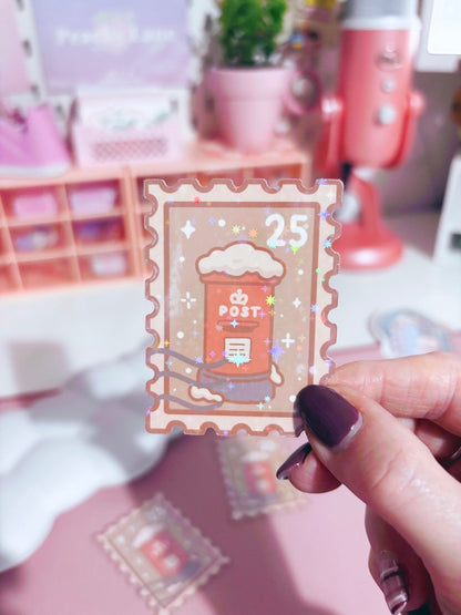 Postbox Festive Stamp Vinyl Sticker with Holographic Stars Laminate