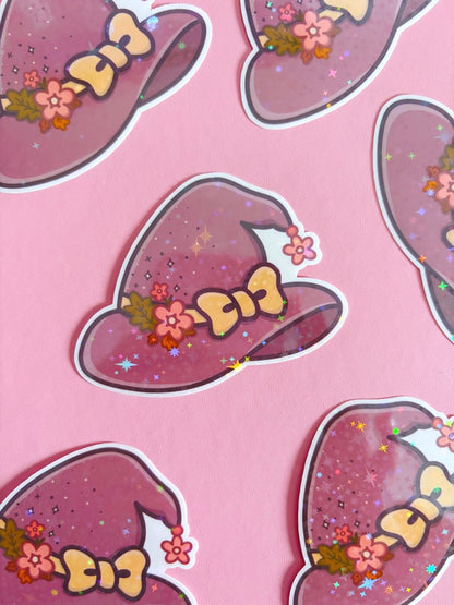 Floral Witch Hat Holographic Stars Vinyl Sticker