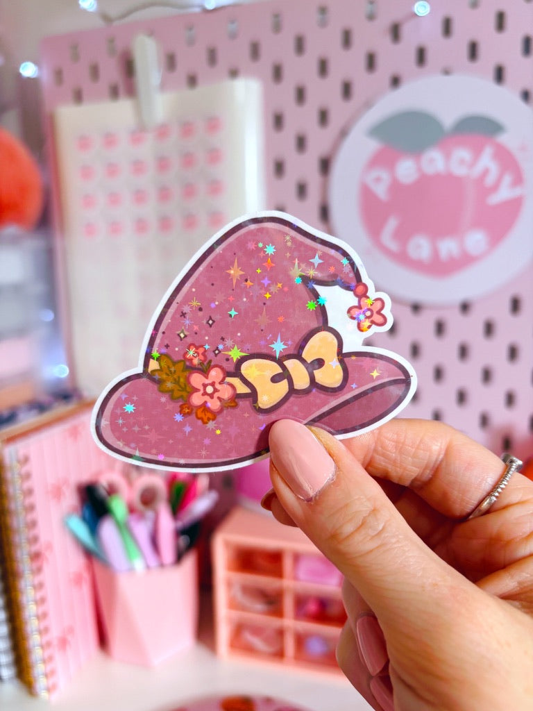 Floral Witch Hat Holographic Stars Vinyl Sticker