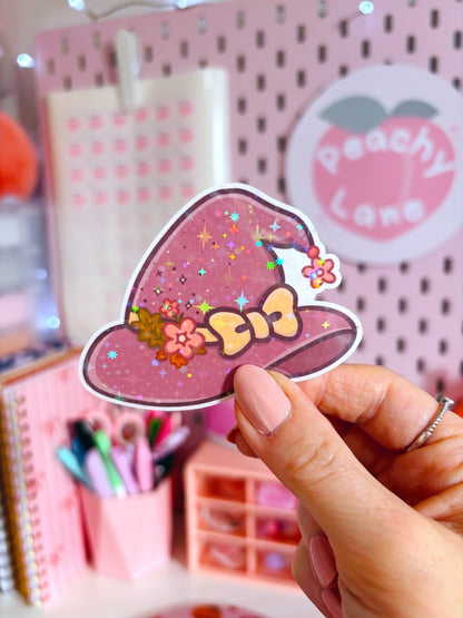 Floral Witch Hat Holographic Stars Vinyl Sticker