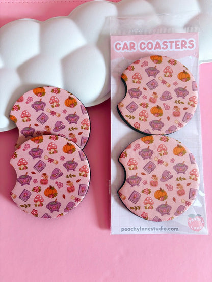 Autumn Witch Pattern Car Coasters - Set of Two