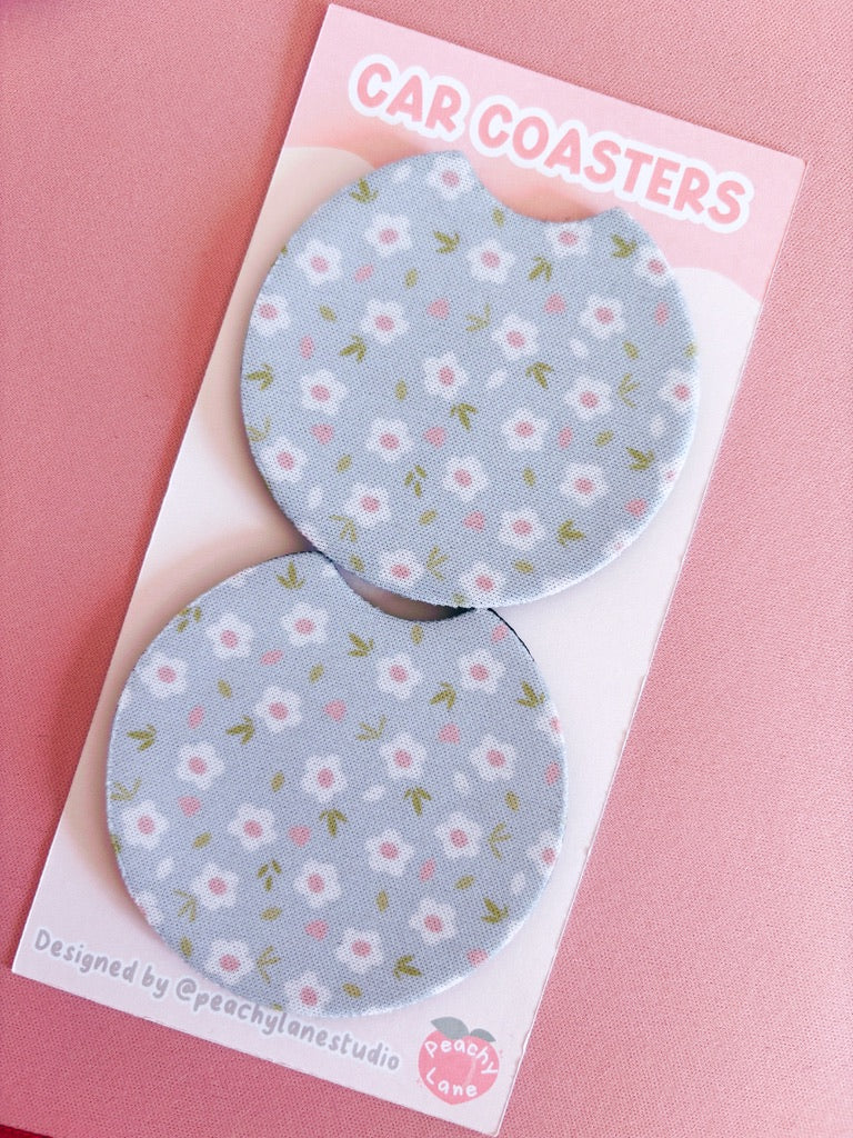Blue Floral Car Coasters - Set of Two