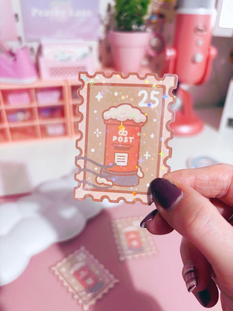 Postbox Festive Stamp Vinyl Sticker with Holographic Stars Laminate