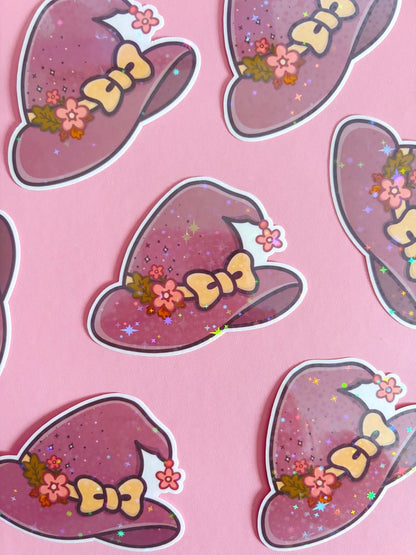 Floral Witch Hat Holographic Stars Vinyl Sticker