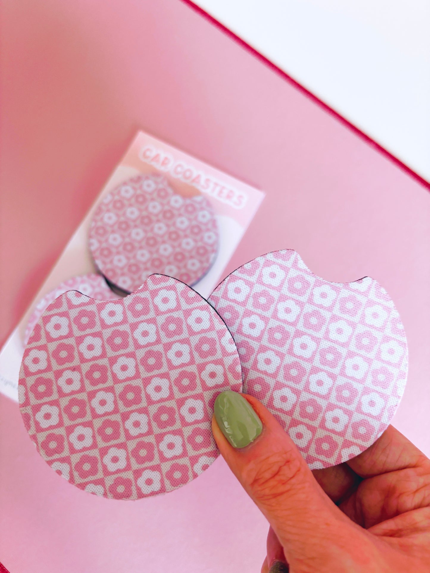 Retro Pink Flowers Car Coasters - Set of Two