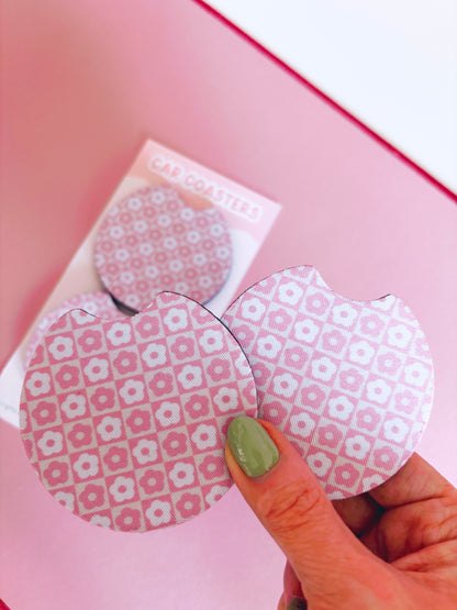 Retro Pink Flowers Car Coasters - Set of Two