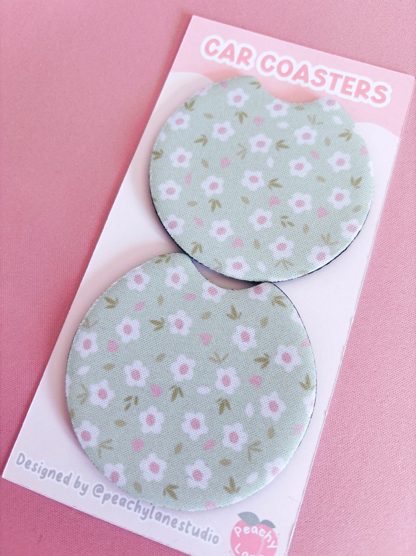 Green Floral Car Coasters - Set of Two