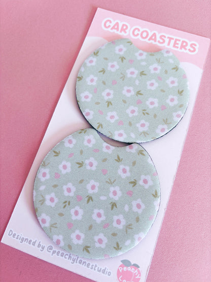 Green Floral Car Coasters - Set of Two