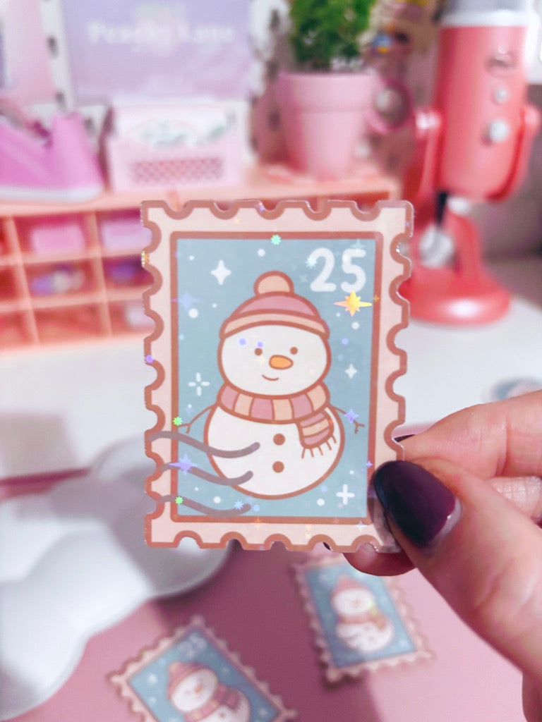 Snowman Festive Stamp Vinyl Sticker with Holographic Stars Laminate