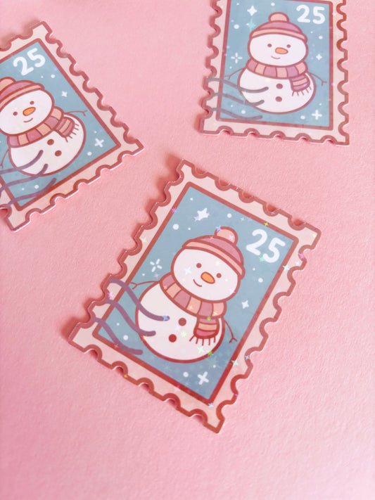 Snowman Festive Stamp Vinyl Sticker with Holographic Stars Laminate