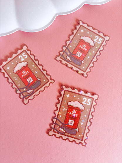 Postbox Festive Stamp Vinyl Sticker with Holographic Stars Laminate