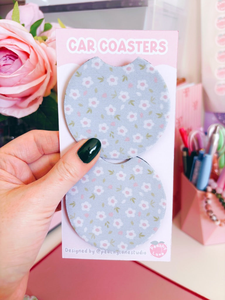 Blue Floral Car Coasters - Set of Two
