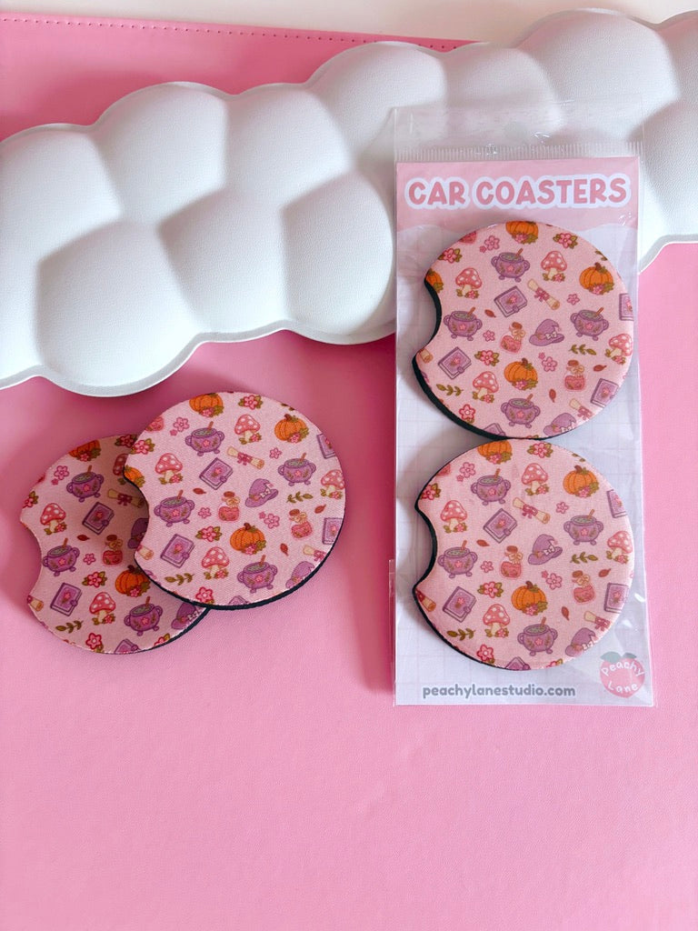 Autumn Witch Pattern Car Coasters - Set of Two
