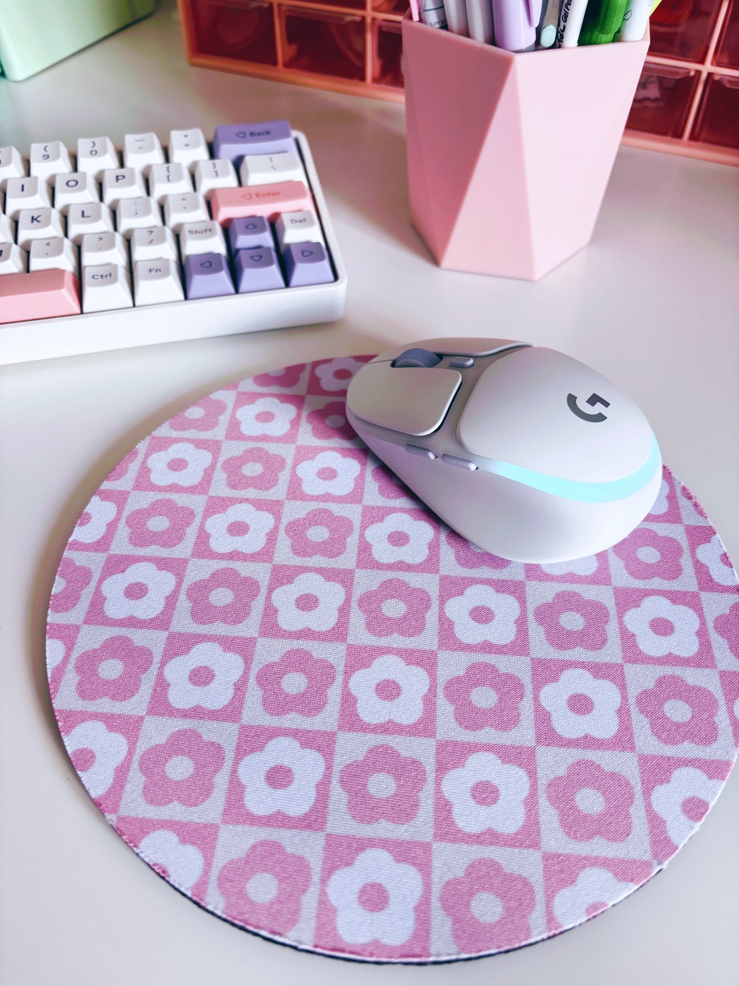 Retro Pink Flowers Mouse Mat